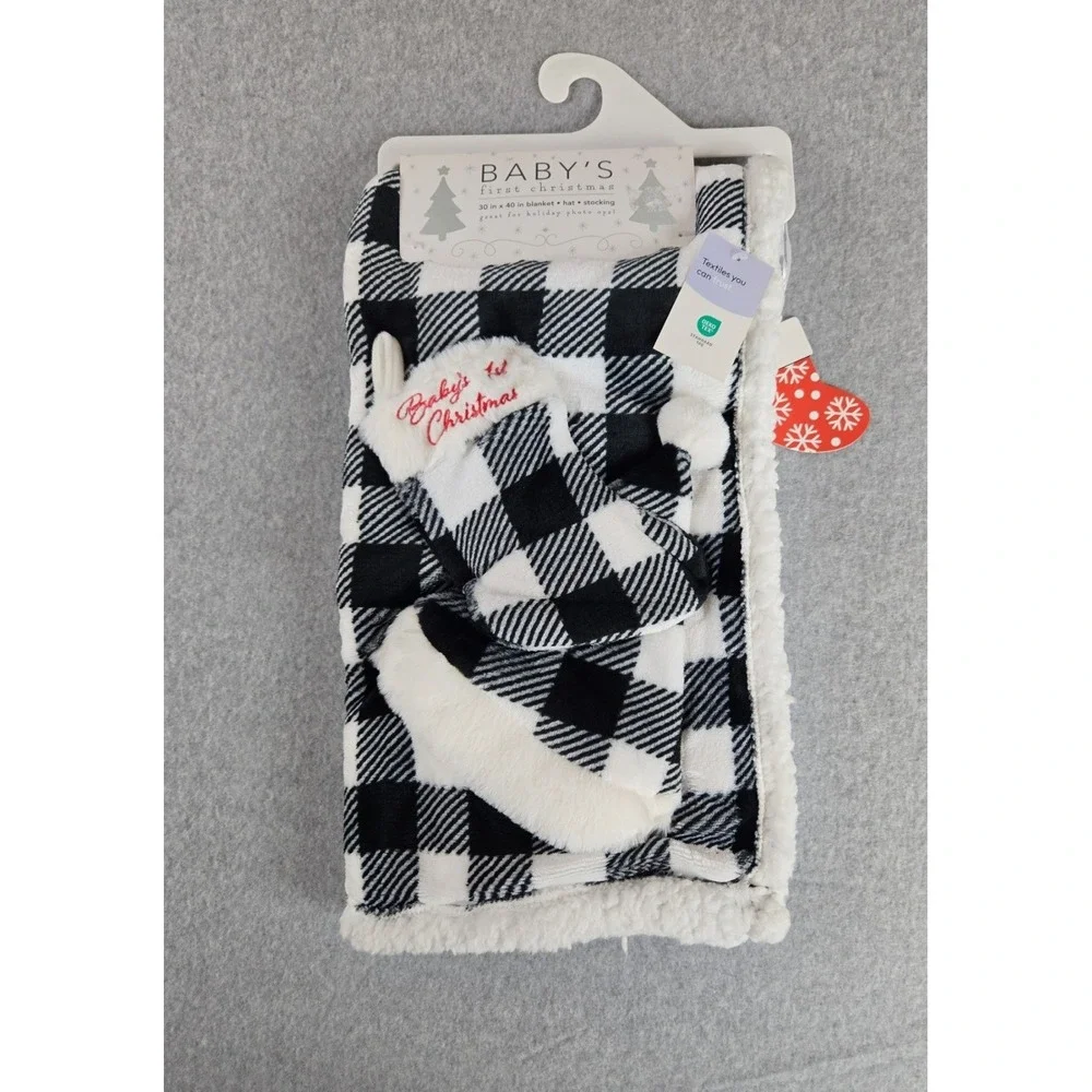 Baby's First Christmas 3pc Set Buffalo Plaid Blanket Hat Stocking Black White